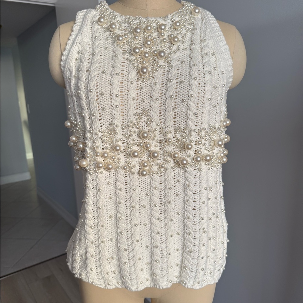 Zara Cream Pearl-Trim Knit Tank